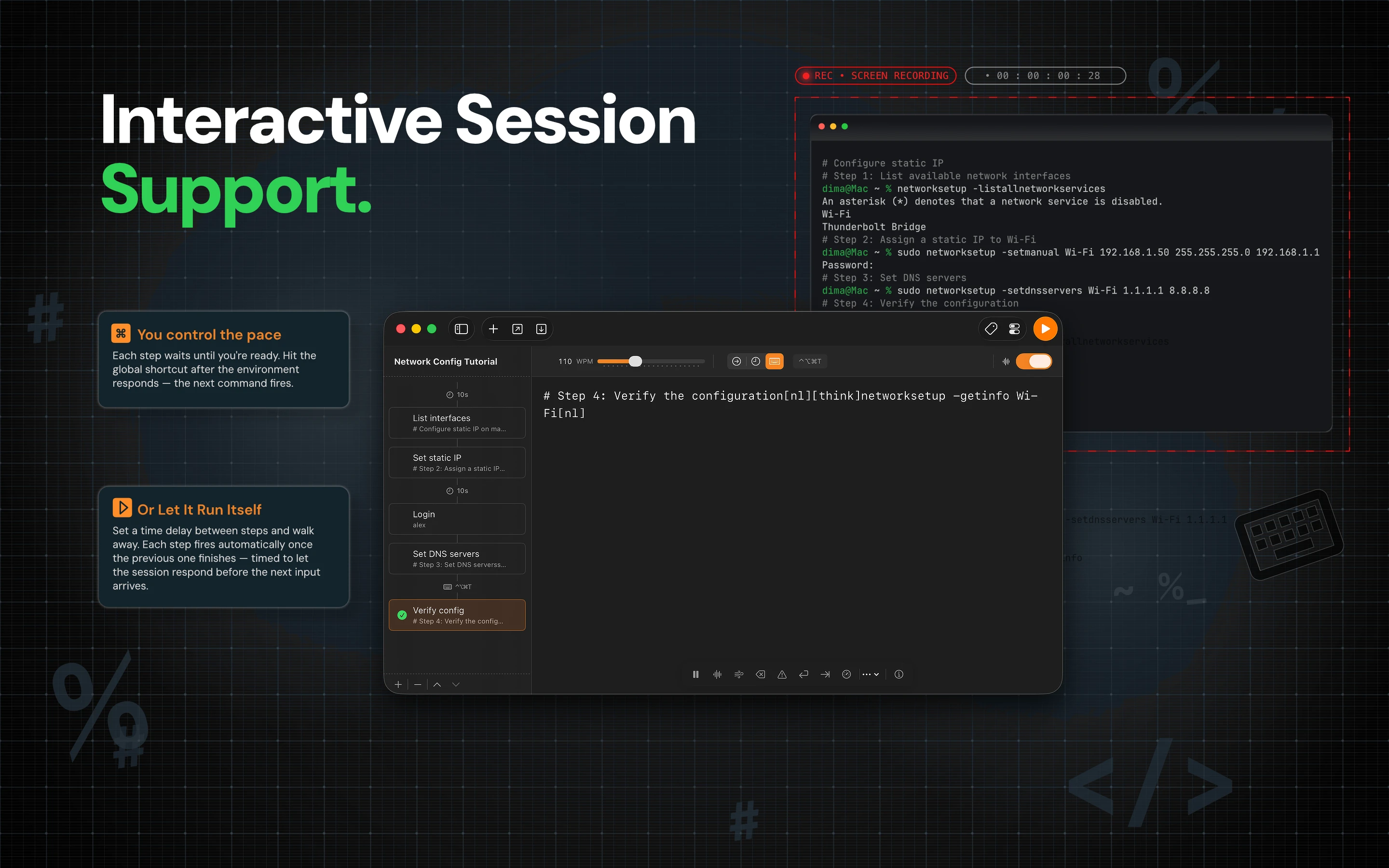 Typestream running an interactive terminal tutorial triggered by a keyboard shortcut