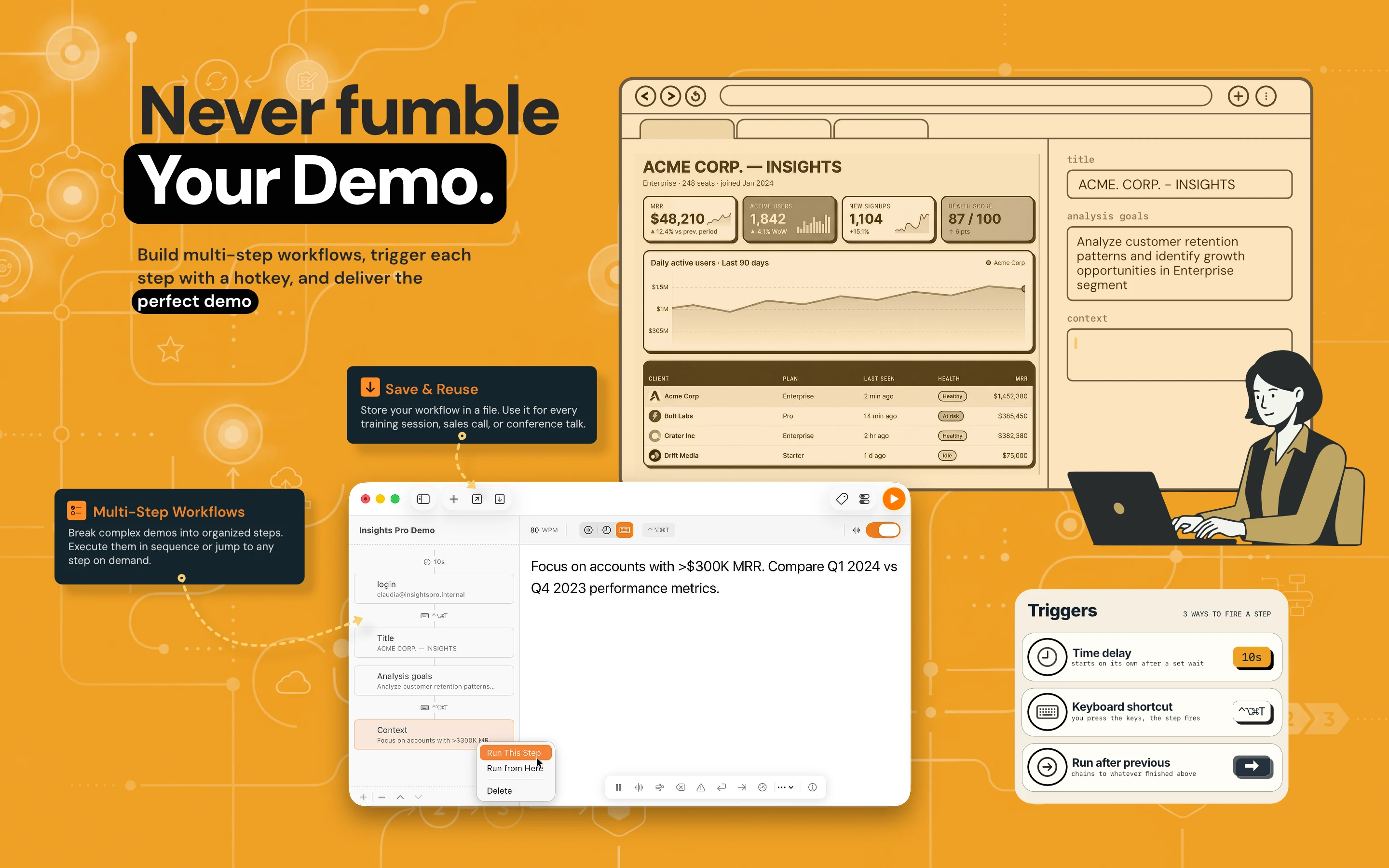 Typestream multi-step workflow builder driving a live product demo