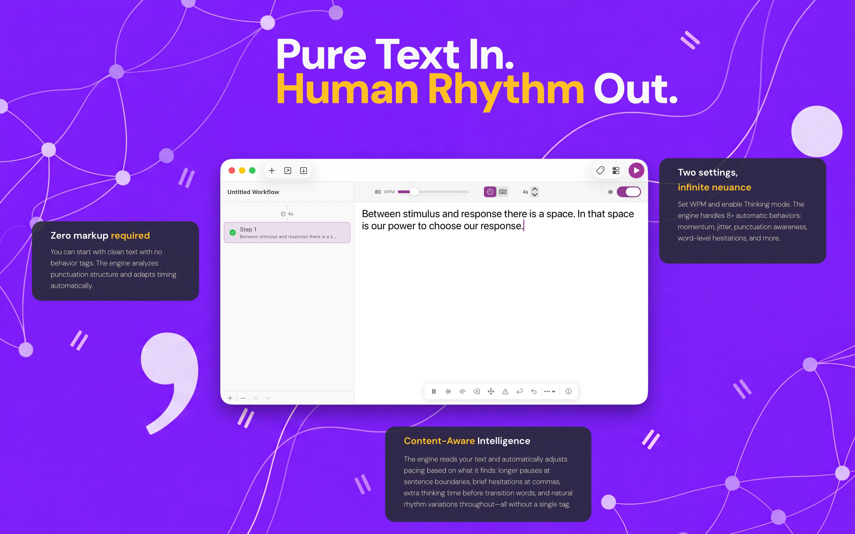 Typestream editor showing content-aware pacing with zero behavior tags required